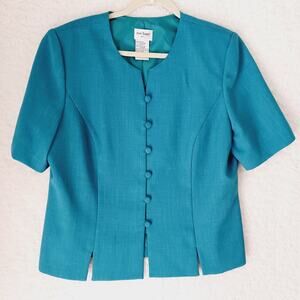Jacket Teal Ann Travis Women Lined Cloth Covered Button Loops Front Office Sz 14